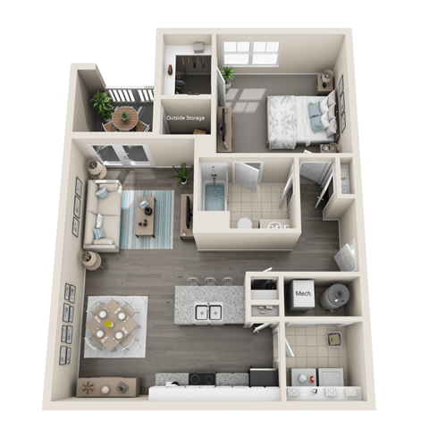 a 3d floor plan of a 1 bedroom apartment at the crossings at white marsh apartments in